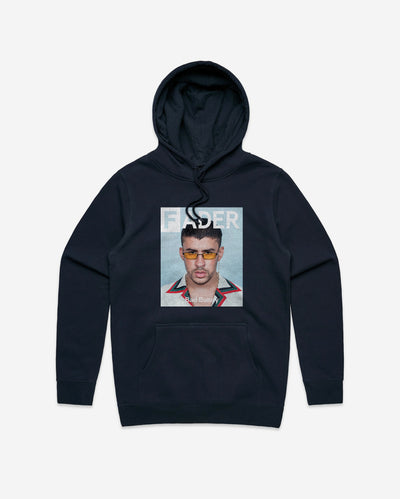 navy hoodie with Bad Bunny wearing glasses - the cover artwork of The FADER Issue 114
