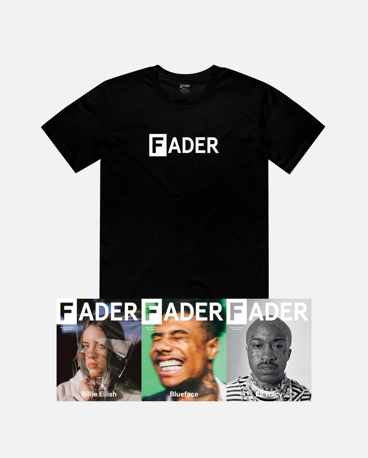 black t-shirt with FADER logo and the FADER magazine issue 