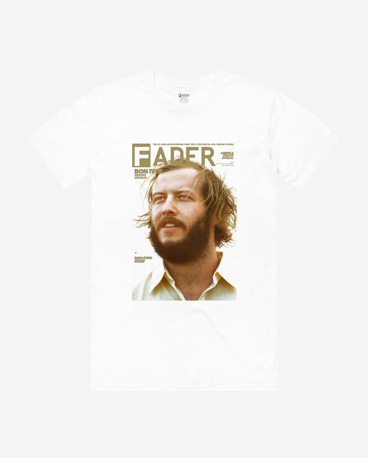 white t-shirt with bon iver - the cover of The FADER issue 64