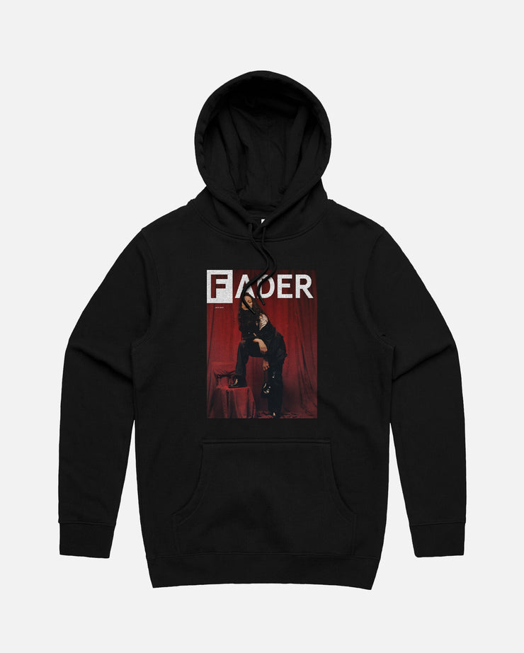 black hoodie with Tirzah -The FADER June 2021 red cover 