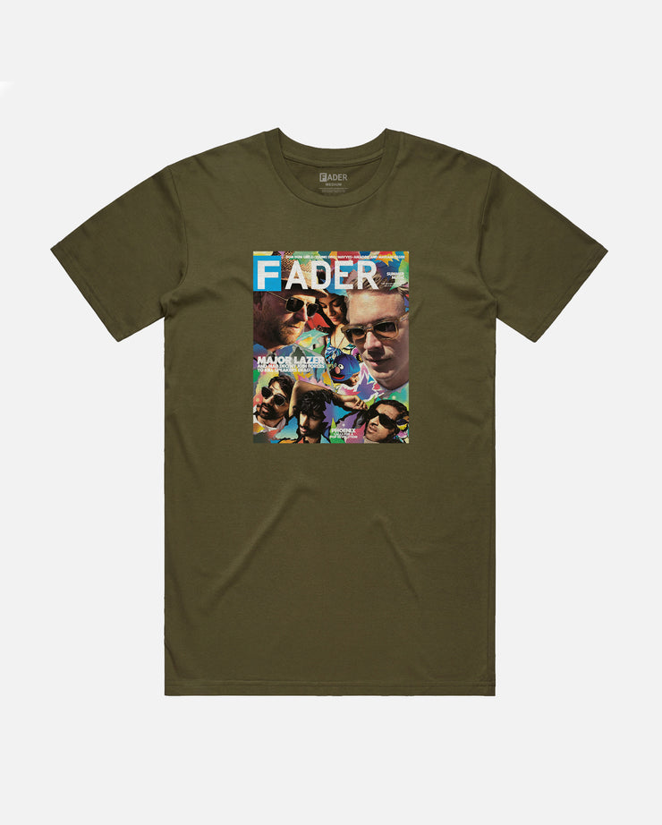 olive t-shirt with Major Lazer- the FADER magazine issue 
