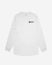 front of white long sleeve with the FADER logo on pocket 