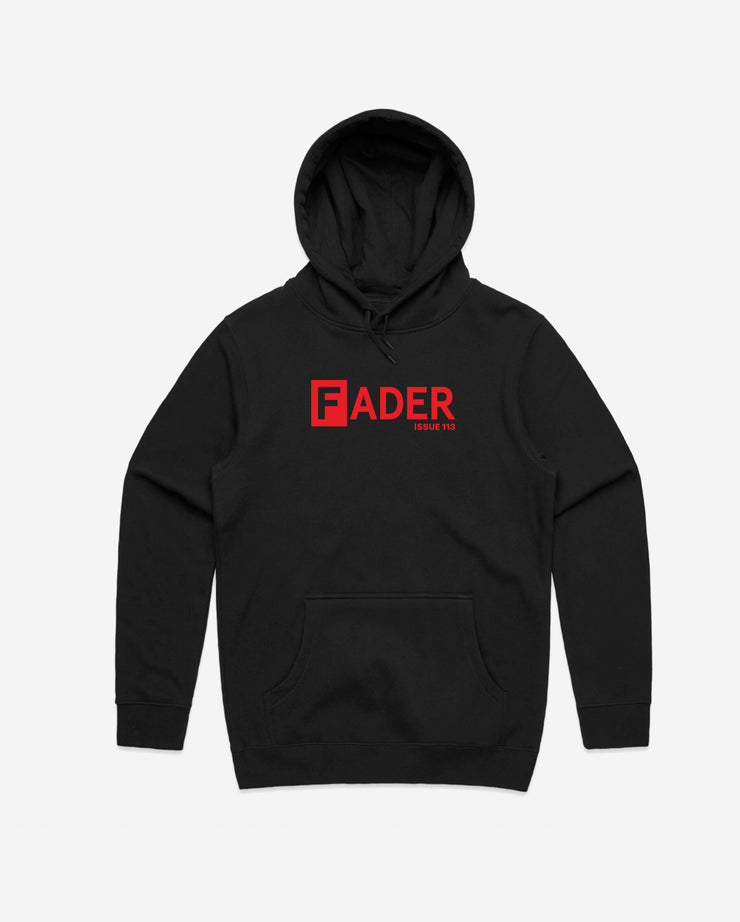 front of black hoodie with the FADER logo across chest