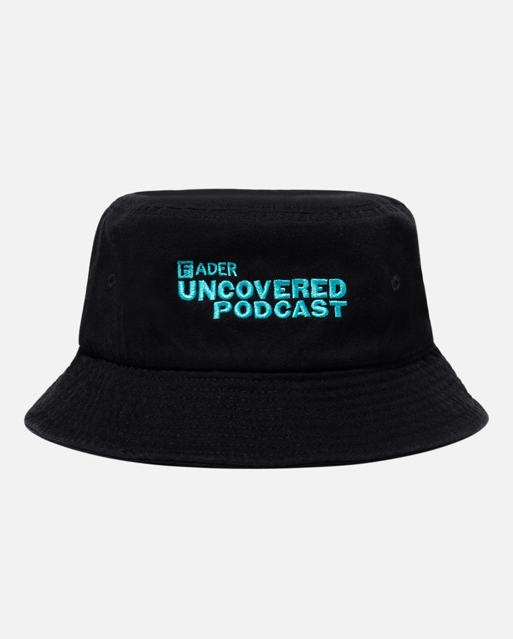 black bucket hat with FADER Uncovered Podcast embroidery 