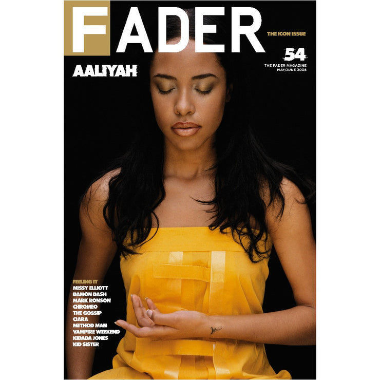 poster of Aaliyah with closed eyes and arm across abdomen - front cover of The FADER issue 54