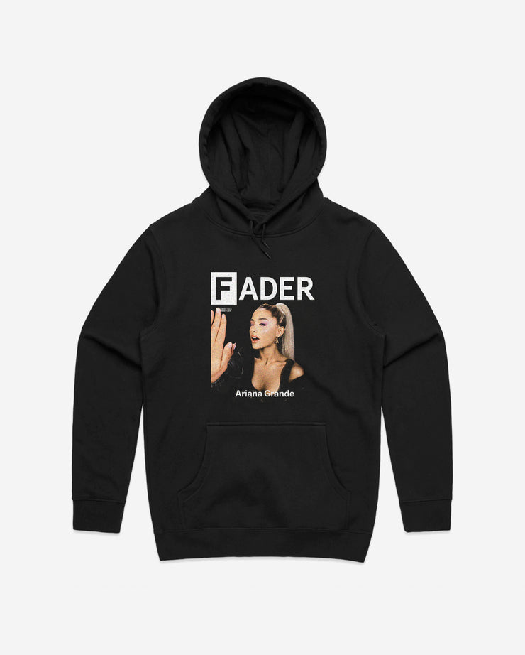 black hoodie with Ariana Grande winking- the cover artwork of The FADER Issue 113