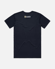 navy back of shirt with FADER at the top