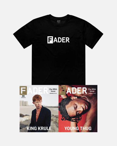black t-shirt with FADER logo and the FADER issue 090 magazine 