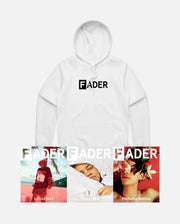 white hoodie with FADER logo and the FADER issue 108 magazine 