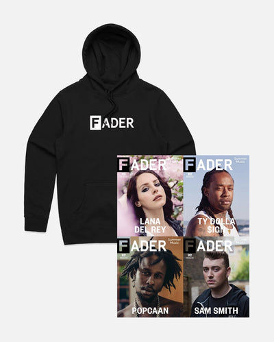 black hoodie with FADER logo and the FADER issue 092 magazine 