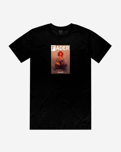 black t-shirt with Cardi B kneeling- the cover of The FADER issue 110