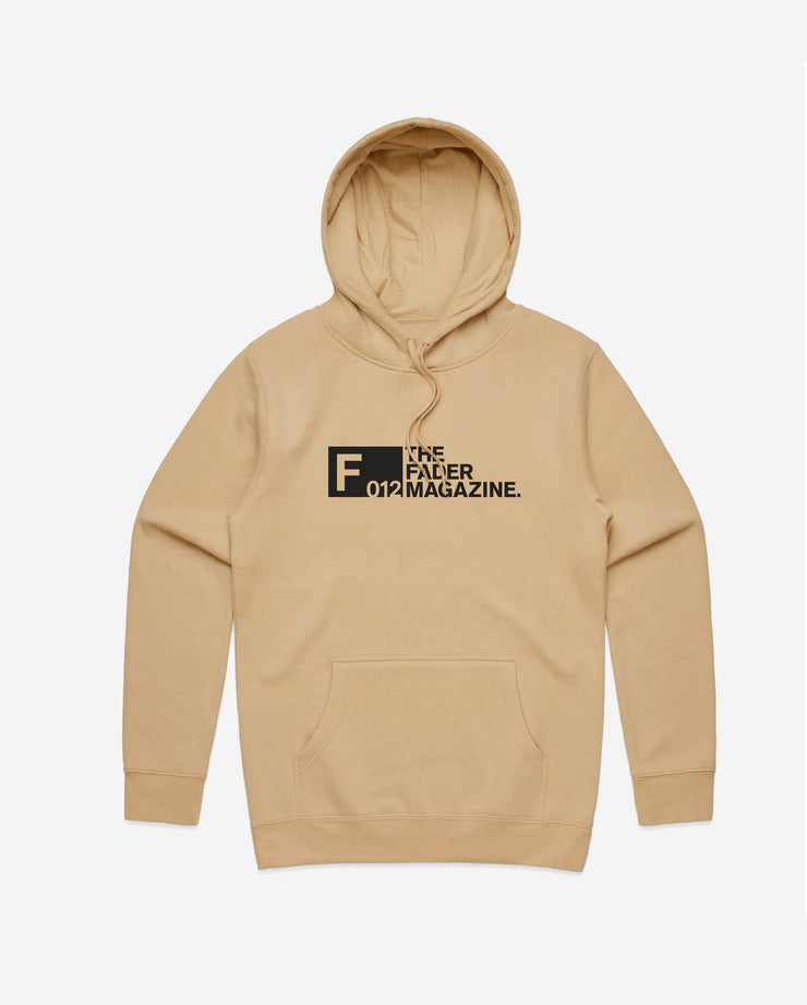 front of tan hoodie with The FADER magazine on chest 