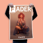 hands holding up Cardi B kneeling poster- the cover of The FADER issue 110