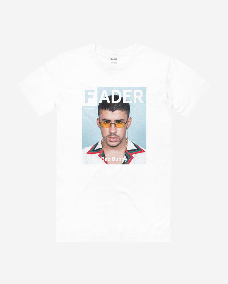 white t-shirt with Bad Bunny wearing glasses- the cover artwork of The FADER Issue 114
