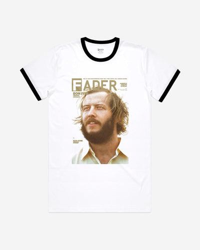 white t-shirt with black trim and bon iver- the cover of The FADER issue 64