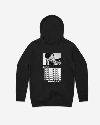 back of black hoodie with the FADER Uncovered Podcast