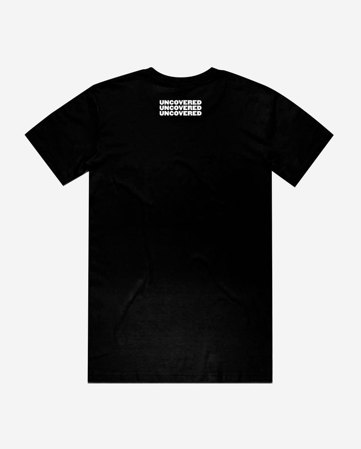 back of black tee with Uncovered x3 on collar