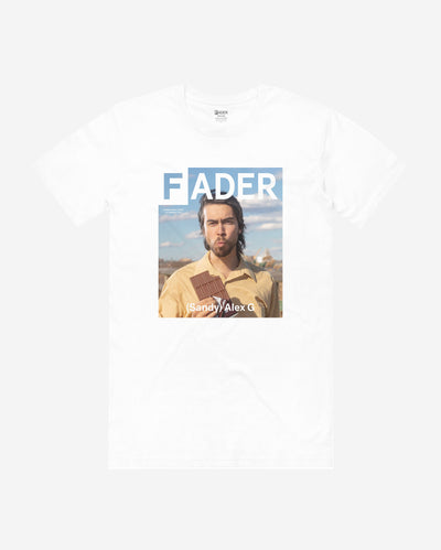 white t-shirt with (sandy) Alex G eating chocolate - cover artwork of The FADER Issue 117