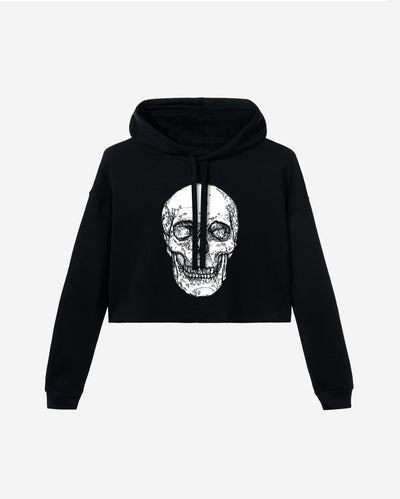 black cropped hoodie with black ink drawing of skull 