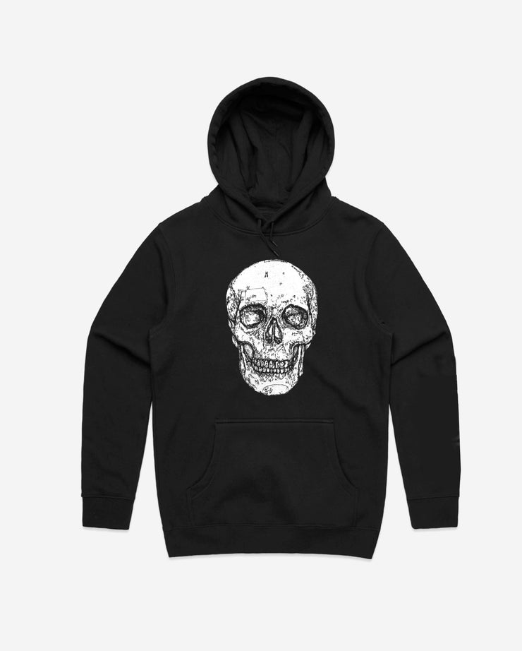 black hoodie with black ink drawing of skull