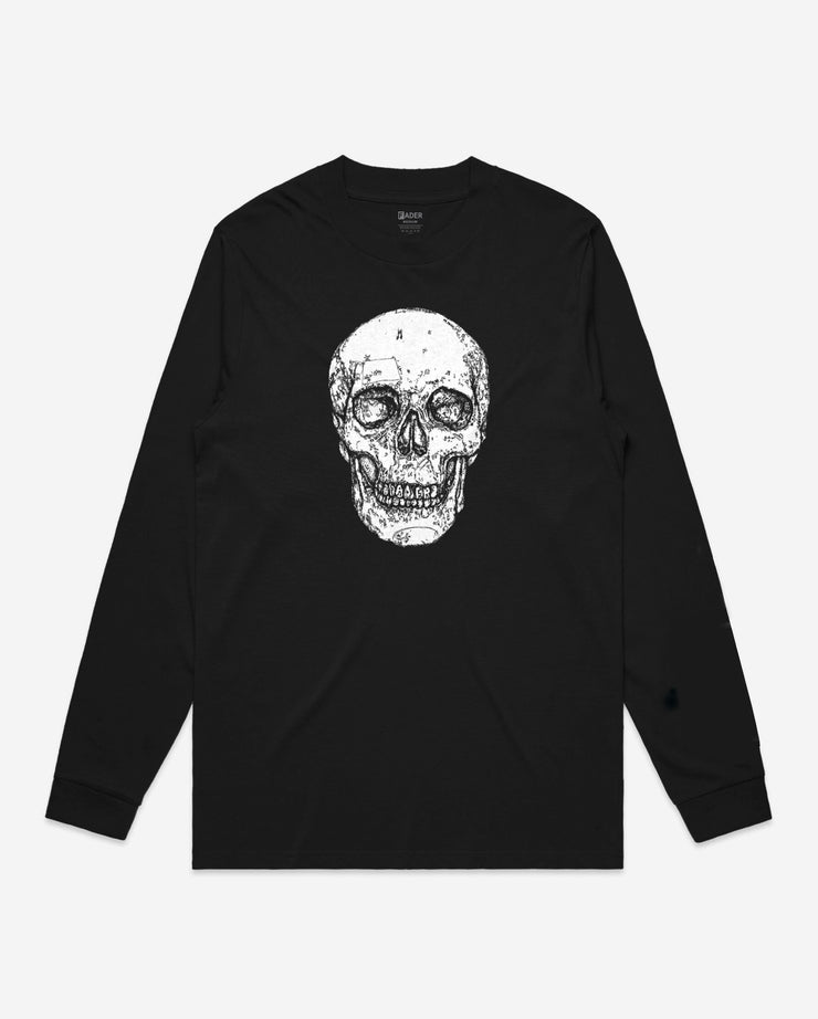 black long sleeve with black ink drawing of skull