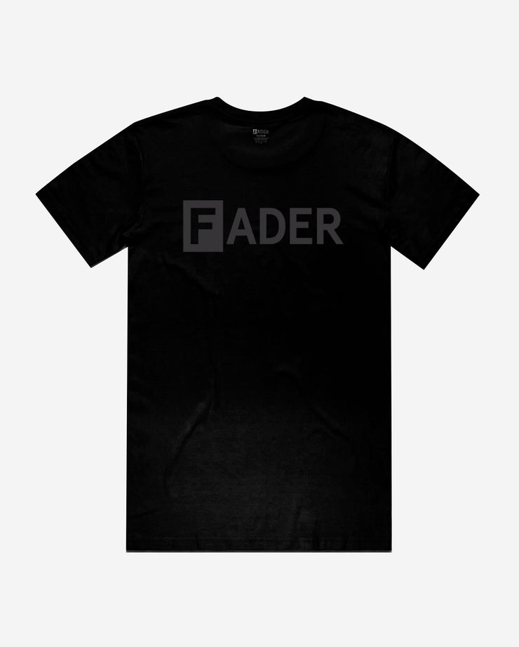 black tee with grey the FADER logo across chest 