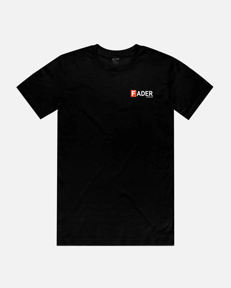 front of black t-shirt with The FADER logo on pocket 