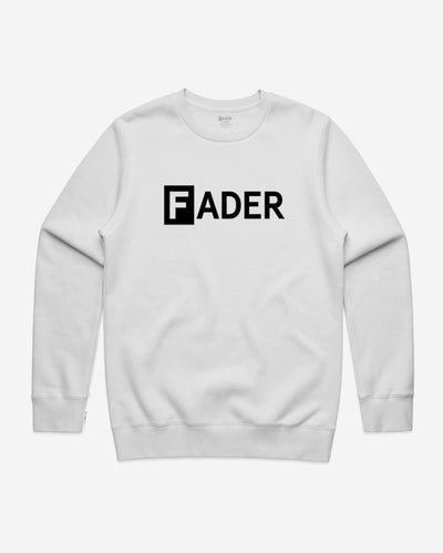 white crewneck with the FADER logo