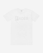 white tee with off white FADER logo on chest 