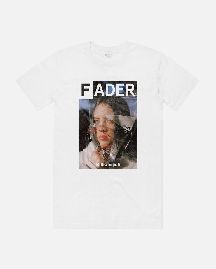 white t-shirt with Billie Eilish with plastic bag over her head- the cover of The FADER issue 116