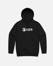 black hoodie with FADER logo