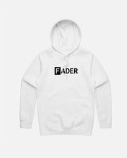 white hoodie with FADER logo