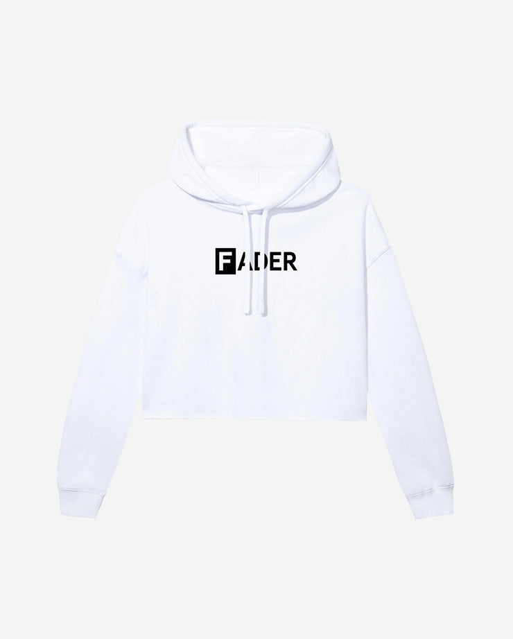 white crop hoodie with the FADER logo