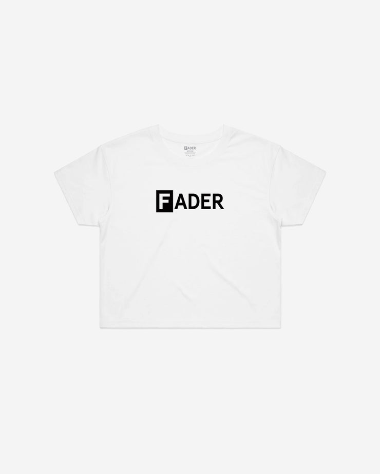 white crop tee with the FADER logo
