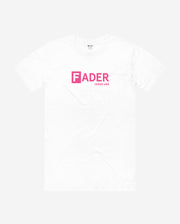 front of white tee with the FADER logo across chest 