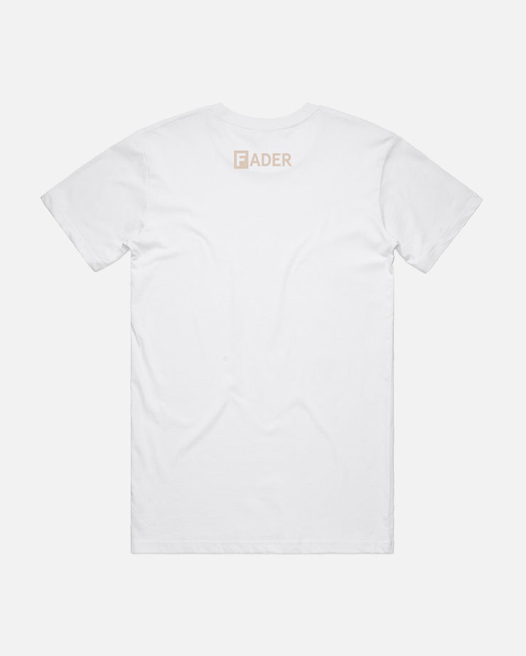 back of white t-shirt with the FADER logo on collar