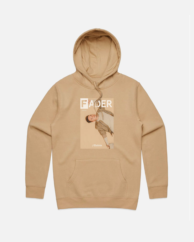 tan hoodie with the FADER magazine issue 102 cover of J Balvin