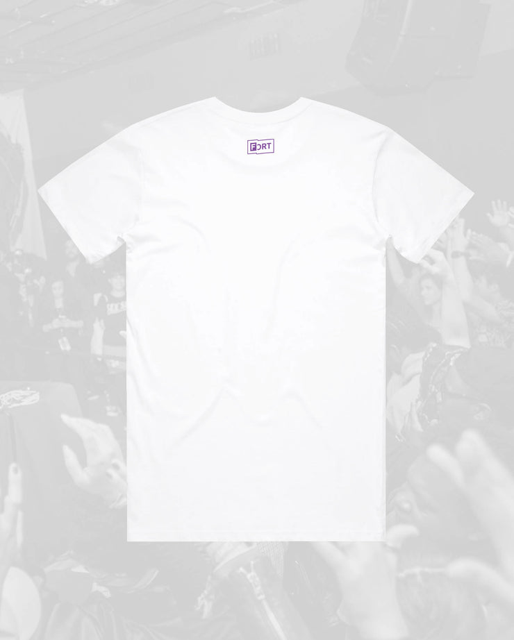 back of white t-shirt with FADER Fort design on neck