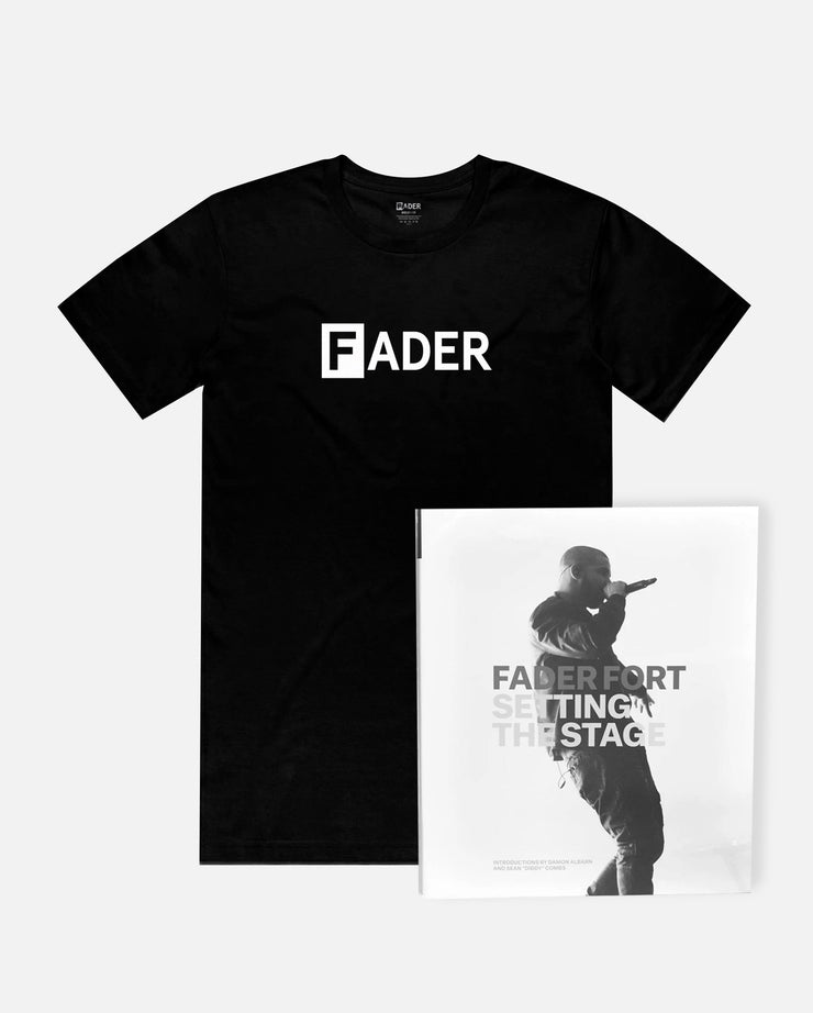 black t-shirt with FADER logo and FORT book