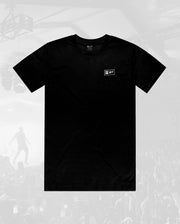 front of black t-shirt with FADER Fort graphic on pocket