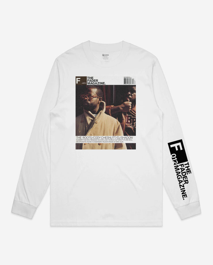 white long sleeve with with the Roots-The FADER Summer 2002 Cover and the FADER magazine on left sleeve