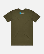 back of olive t-shirt with the FADER logo on collar