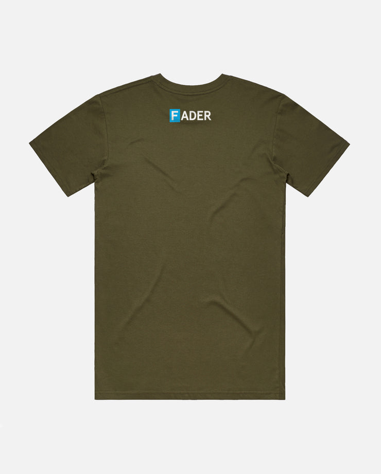 back of olive t-shirt with the FADER logo on collar