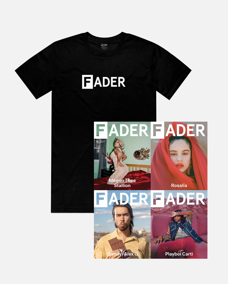 black t-shirt with FADER logo and the FADER magazine issue 117 