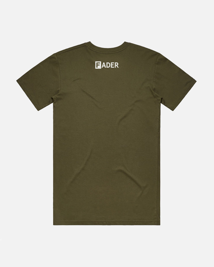 back of olive tee with the FADER logo on collar