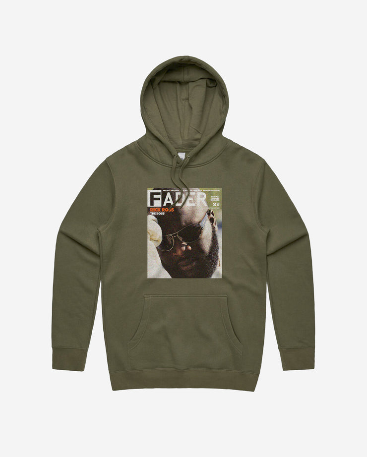 olive hoodie with Rick Ross -the cover artwork of The FADER Issue 39.