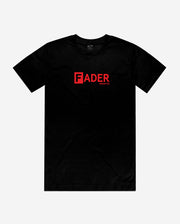 front of black tee with the FADER logo across chest 