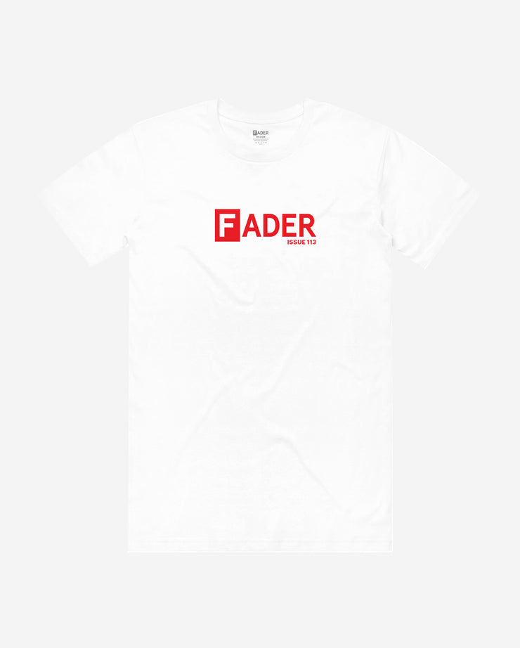front of white tee with the FADER logo across chest