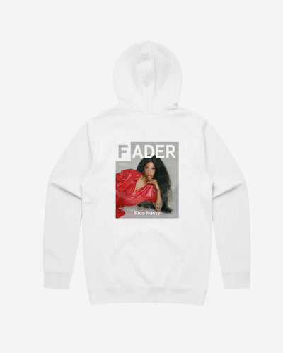 white hoodie with Rico Nasty-the cover artwork of The FADER Issue 113