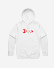 front of white hoodie with the FADER logo across chest